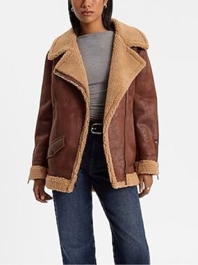 Express Women’s Brown Shearling-Trim Aviator Jacket- Brand New Without Tags!